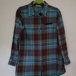 Soft Surroundings Turquoise, Magenta and Yellow Plaid Shirt